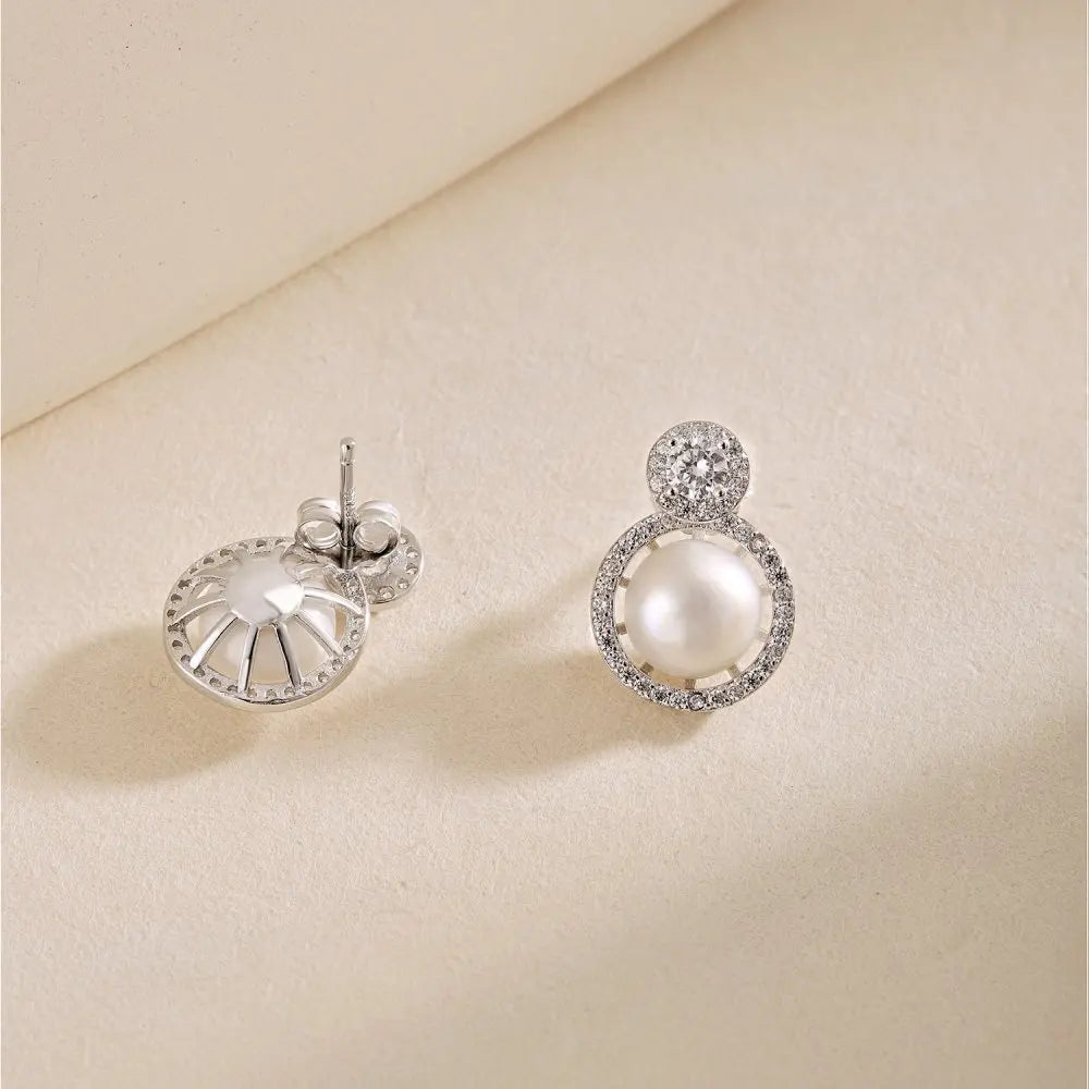 Silver Pearl Halo Ear Studs