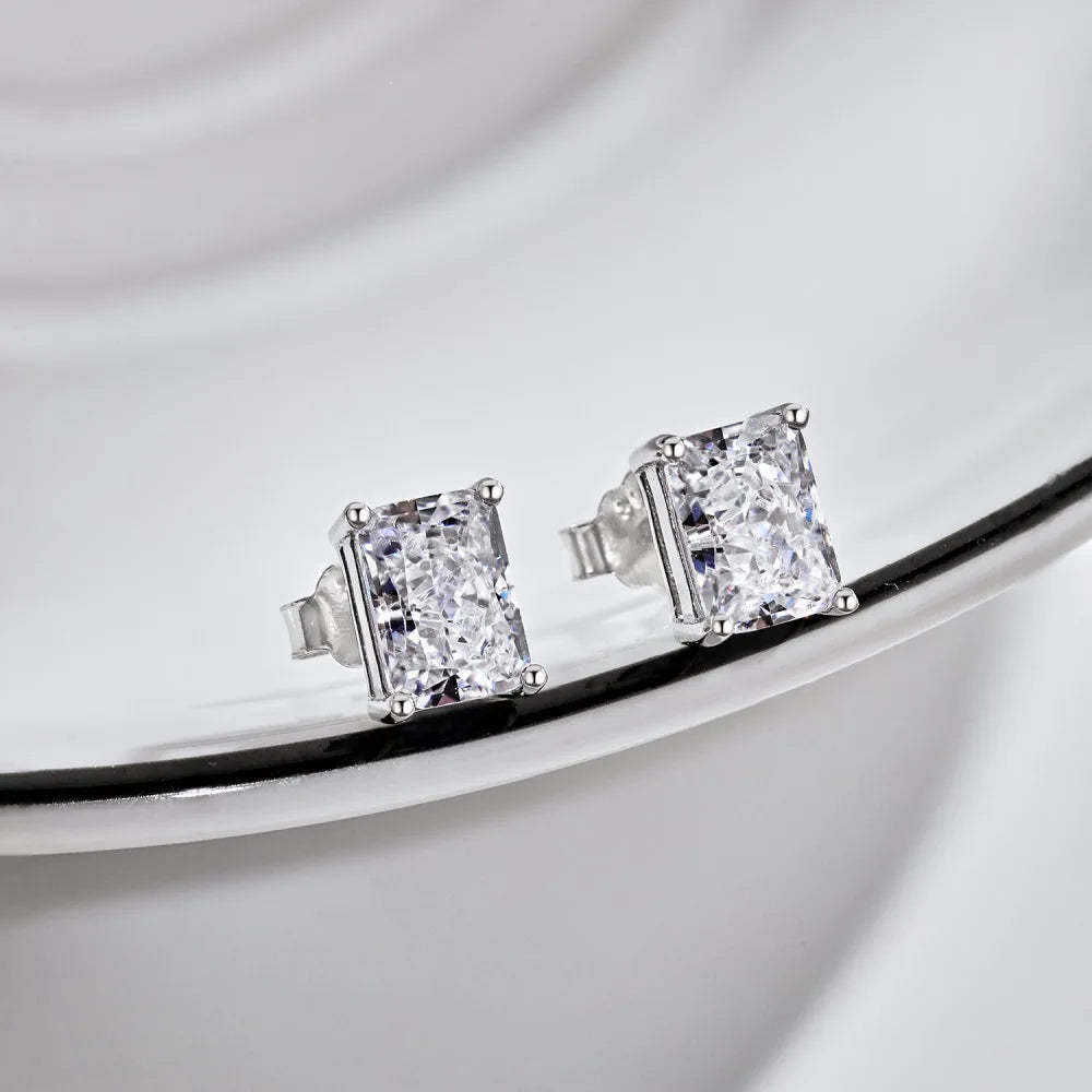 Silver Zircon Radiant Cut Squared Ear Studs