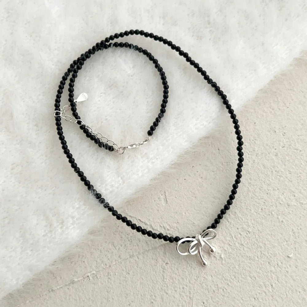 Silver Onyx Round Cut Bow Knot Beaded Necklace