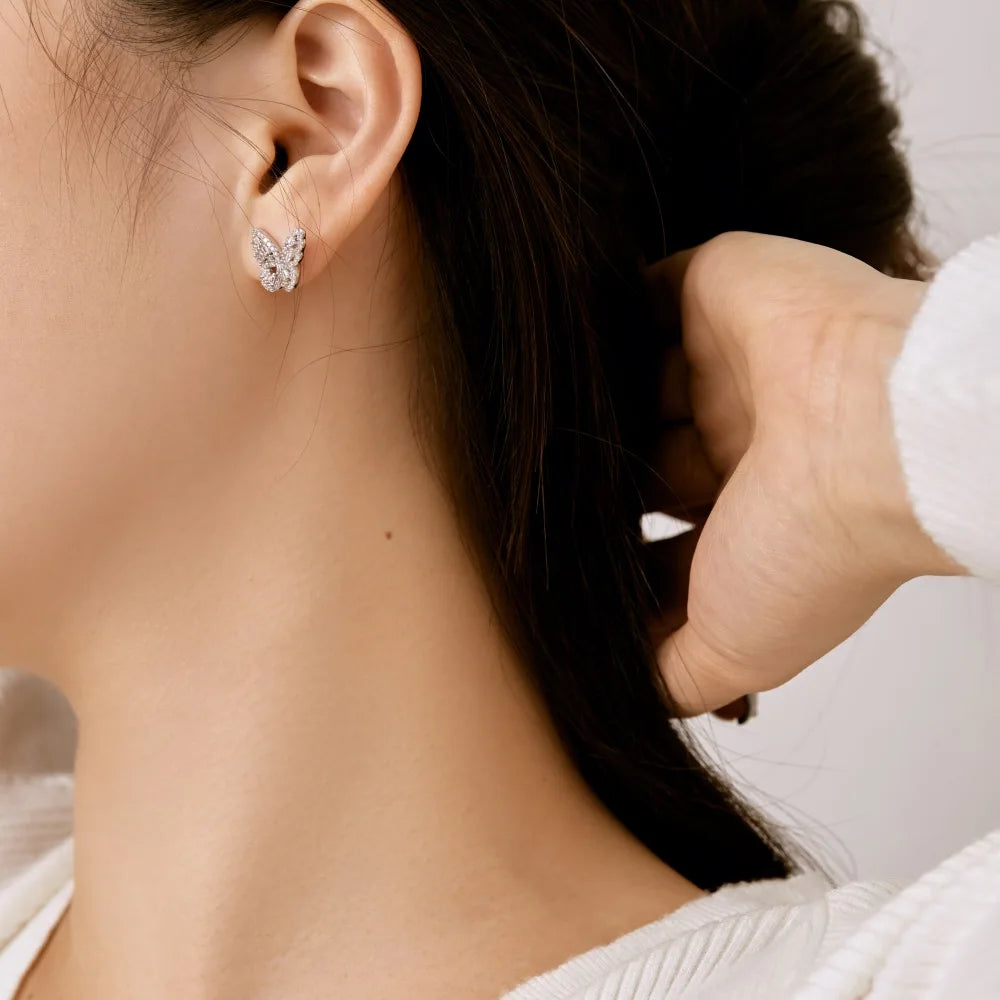Silver Zircon Tapered Baguette Cut Inlaid Butterfly Ear Studs