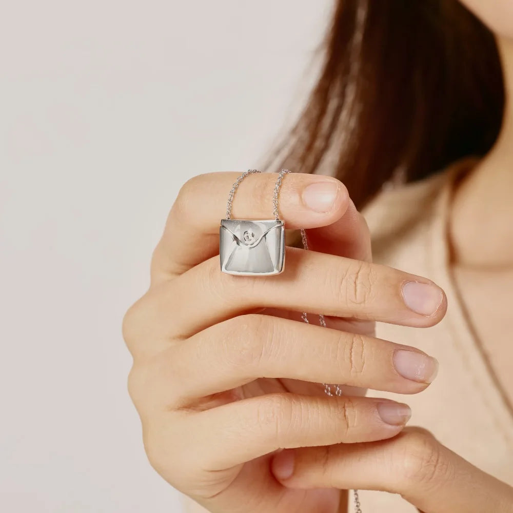 Silver Zircon Round Cut Envelope Pendant Necklace