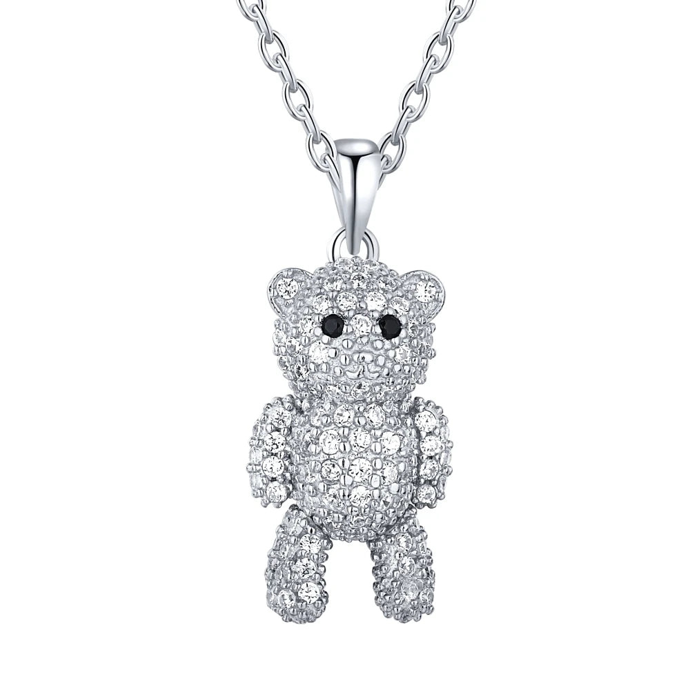 Silver Zircon Round Cut Iced Bear Pendant Necklace