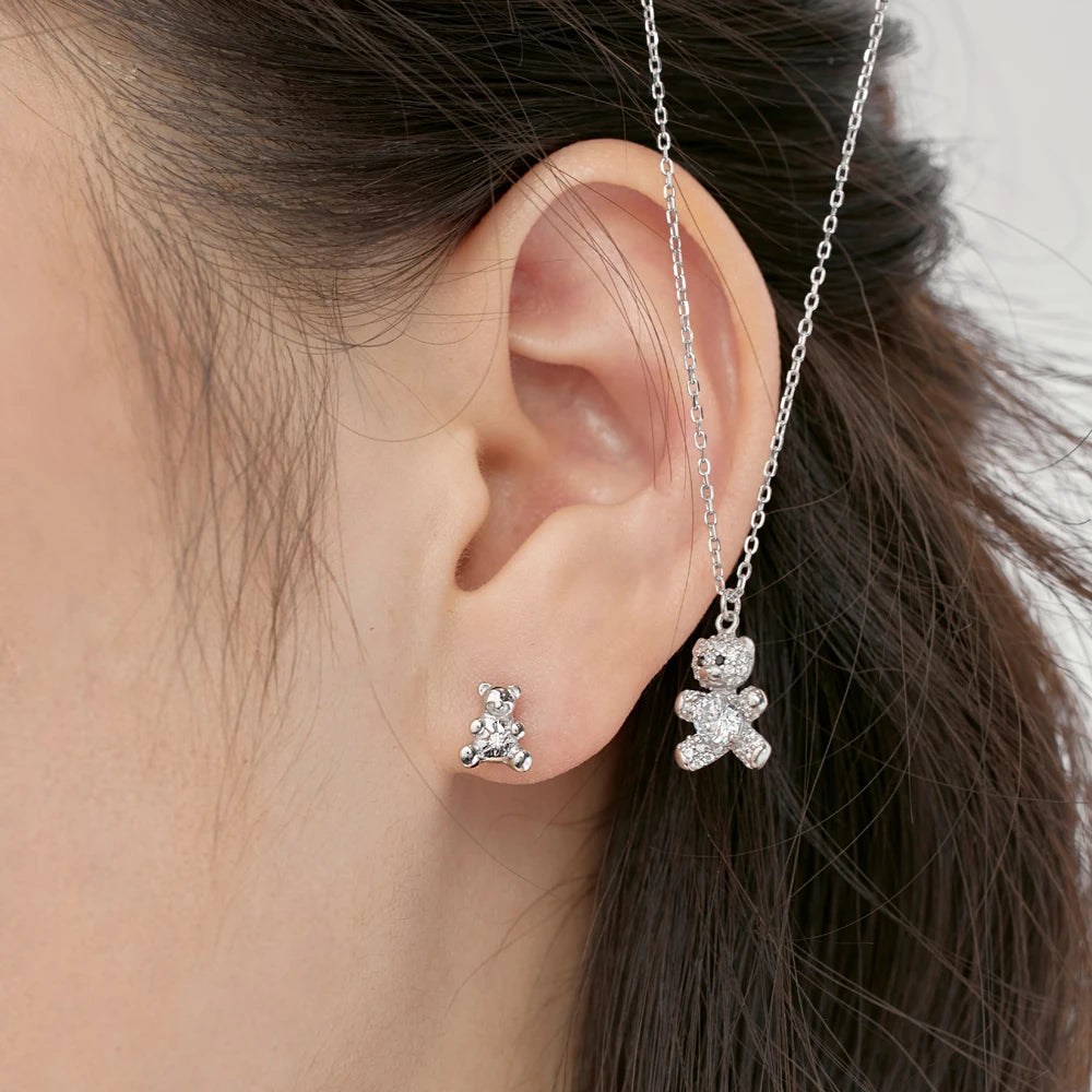 Silver Zircon Round Cut Bear Ear Studs