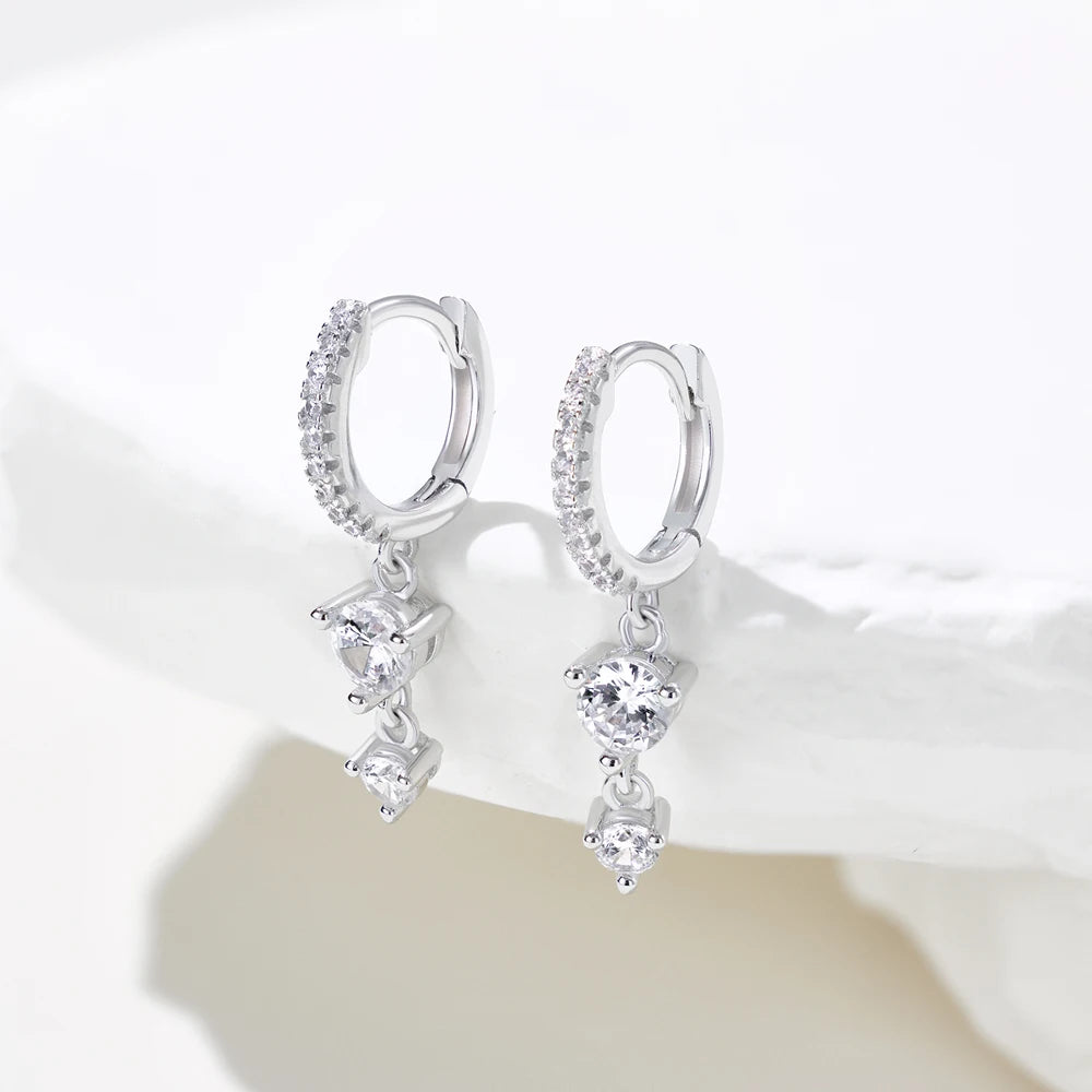 Silver Zircon Round Cut Drop Stacked Ear Hoops