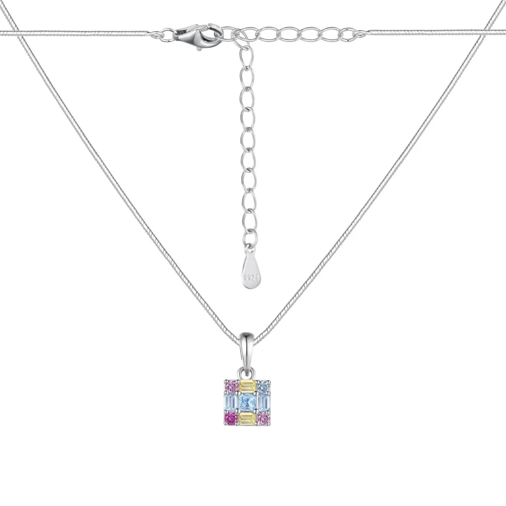 Silver Zircon Princess Cut Cube Pendant Necklace