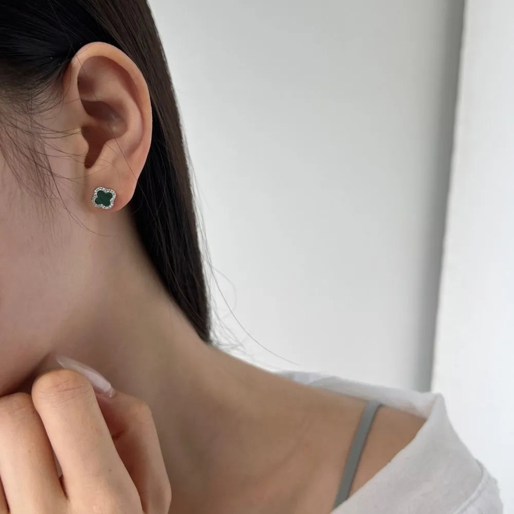 Silver Onyx Clover Cut Halo Ear Studs