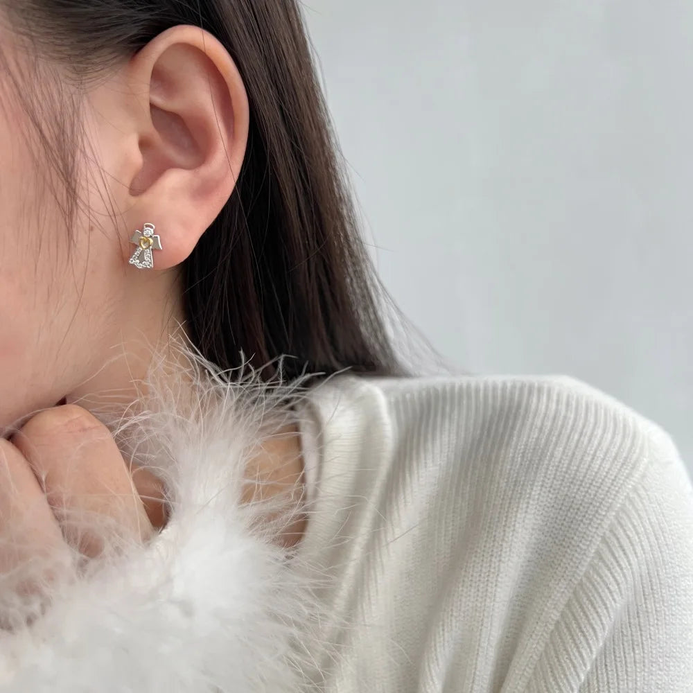 Silver Zircon Round Cut Angel Ear Studs