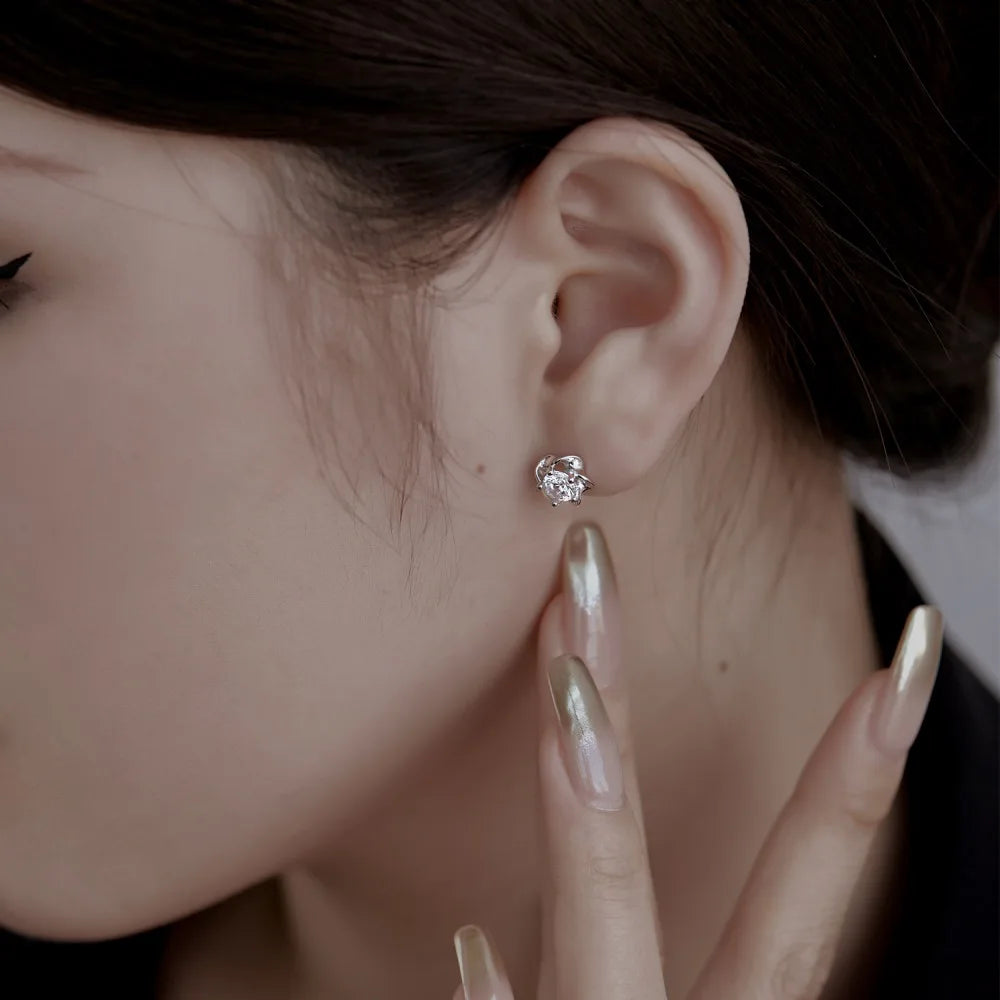 Silver Zircon Round Cut Sakura Flower Ear Studs