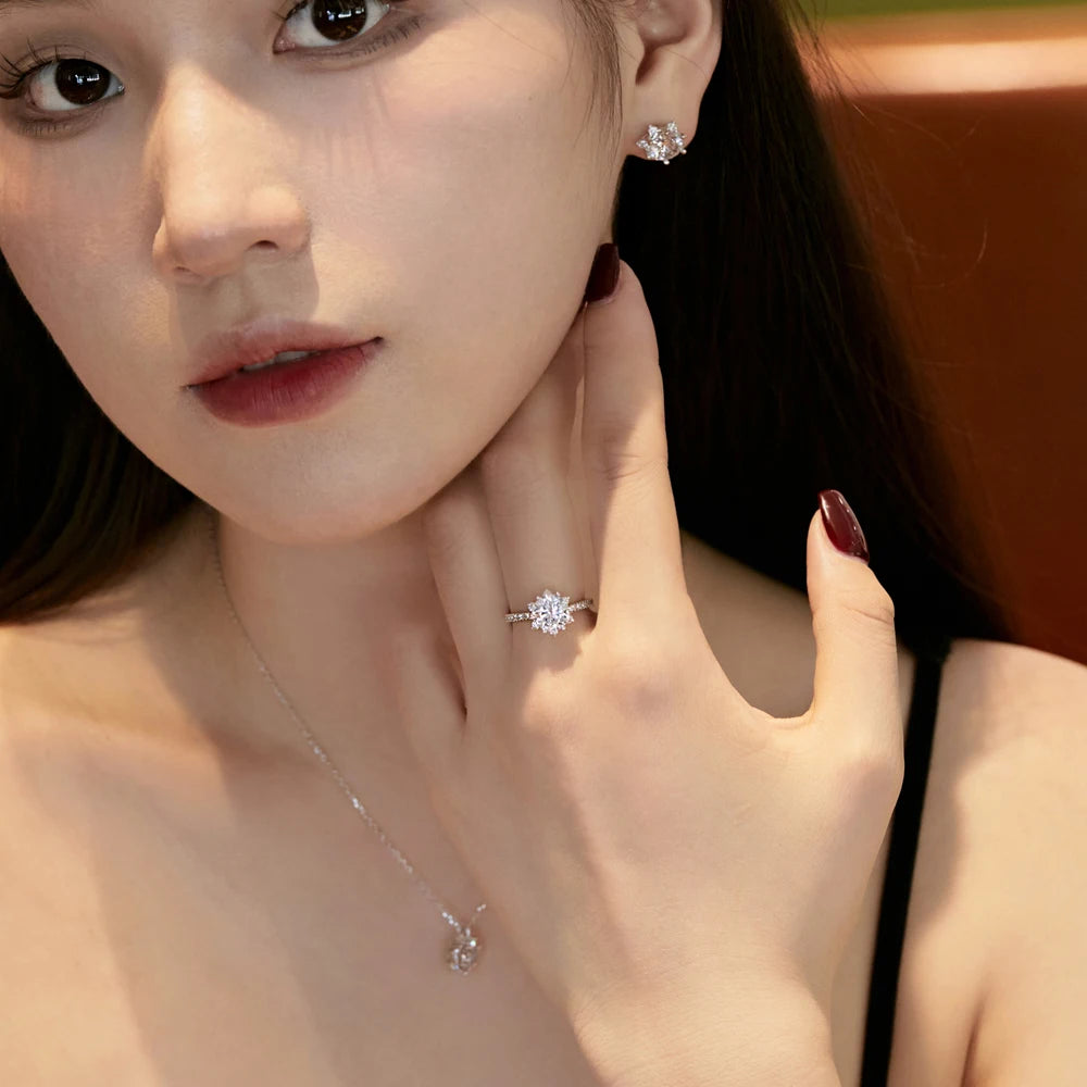 Silver Zircon Round Cut Snowflake Jewelry Set