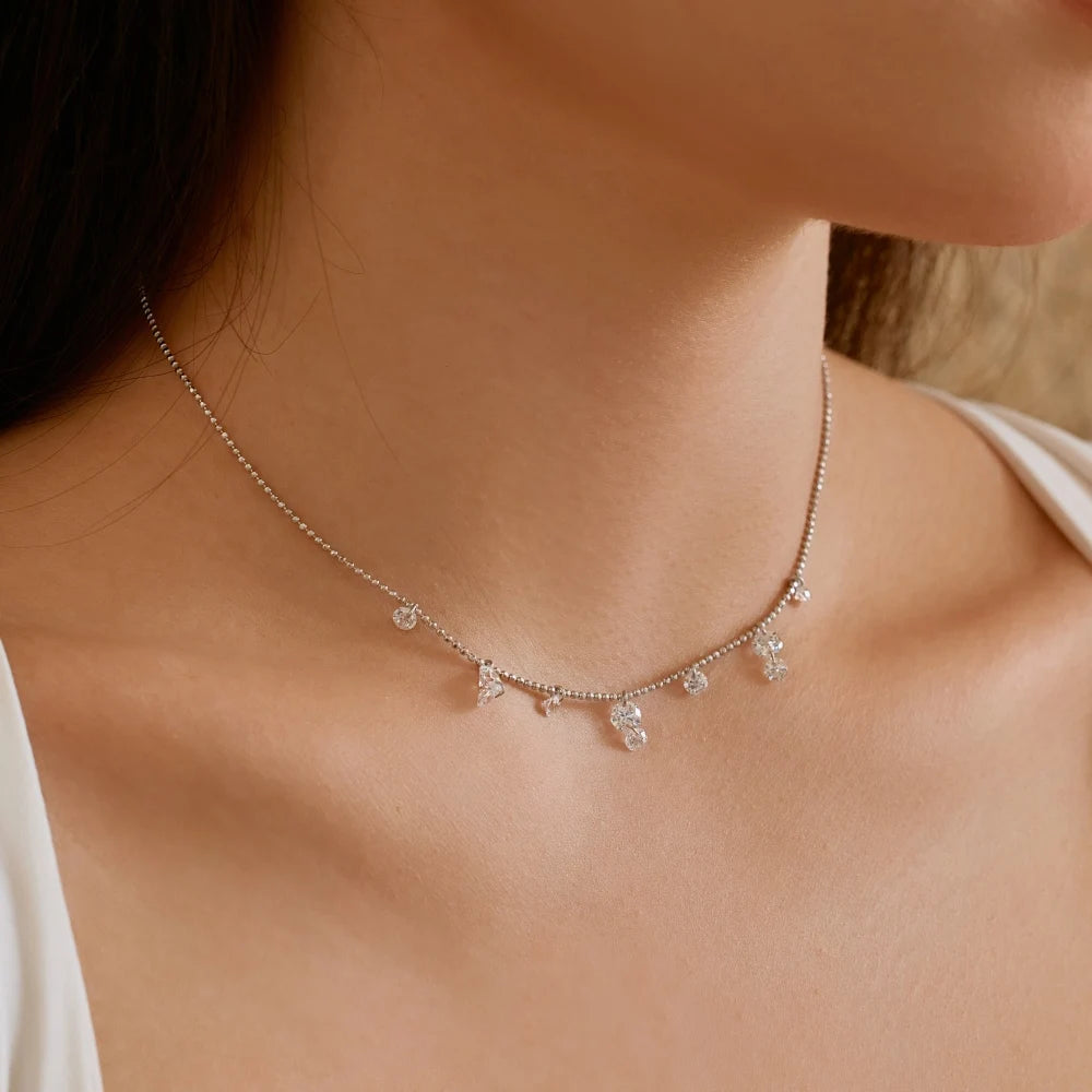 Silver Zircon Round Cut Stacked Tassel Chain Necklace