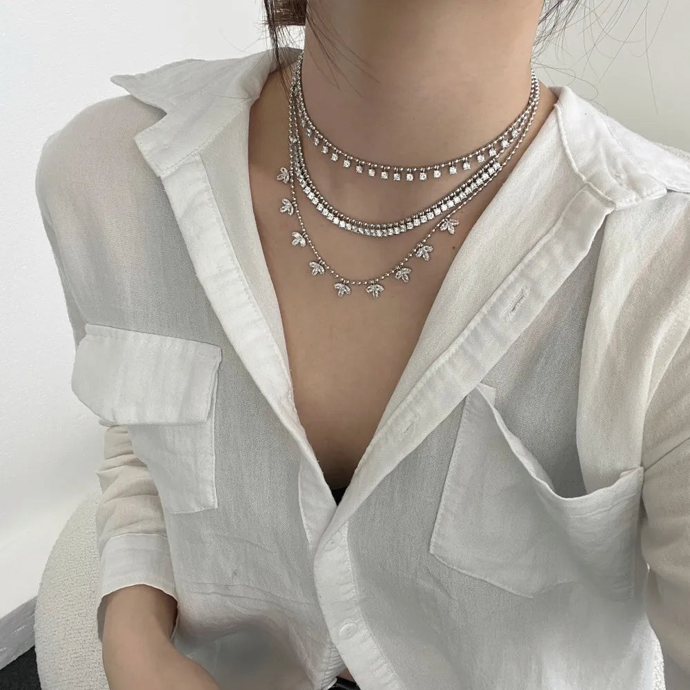 Silver Zircon Round Cut Layered Tassel Chain Necklace
