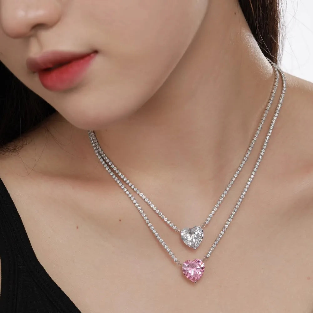 Silver Zircon Heart Cut Inlaid Tennis Necklace