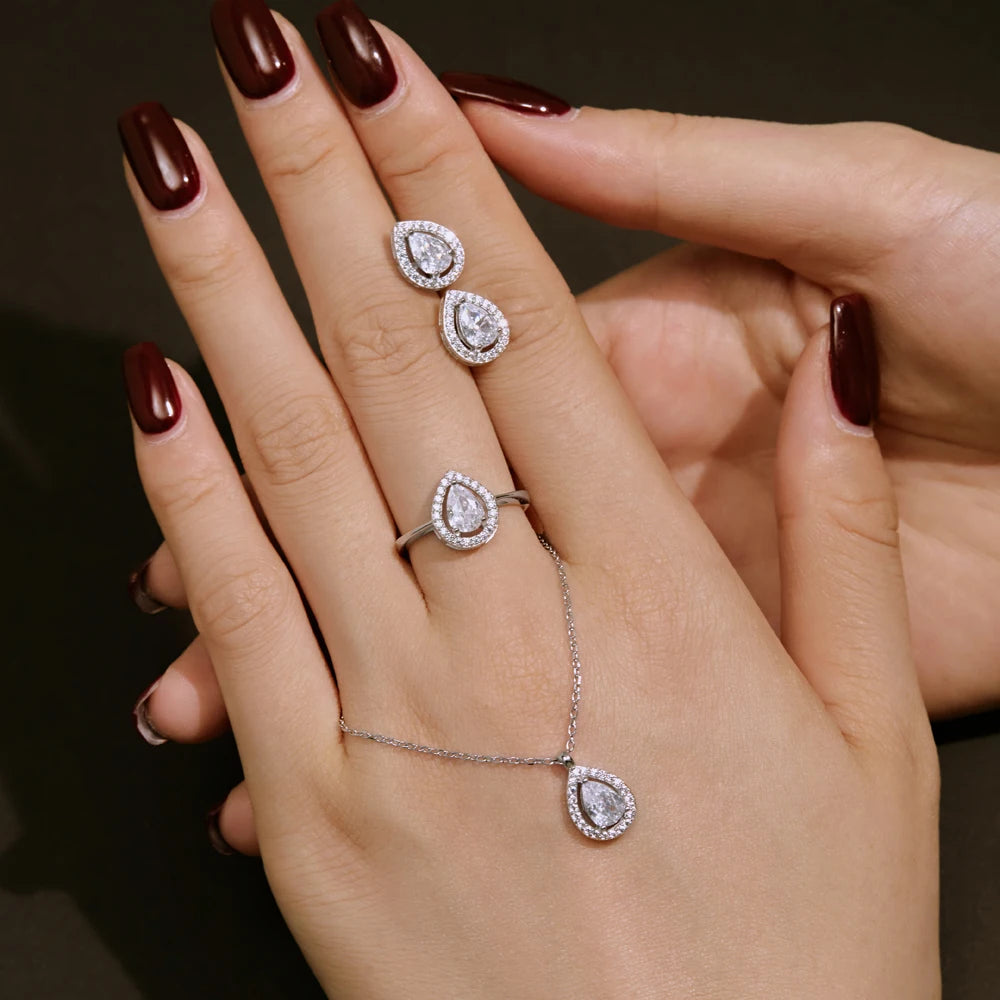 Silver Zircon Pear Cut Halo Multi Layer Tear Ear Studs