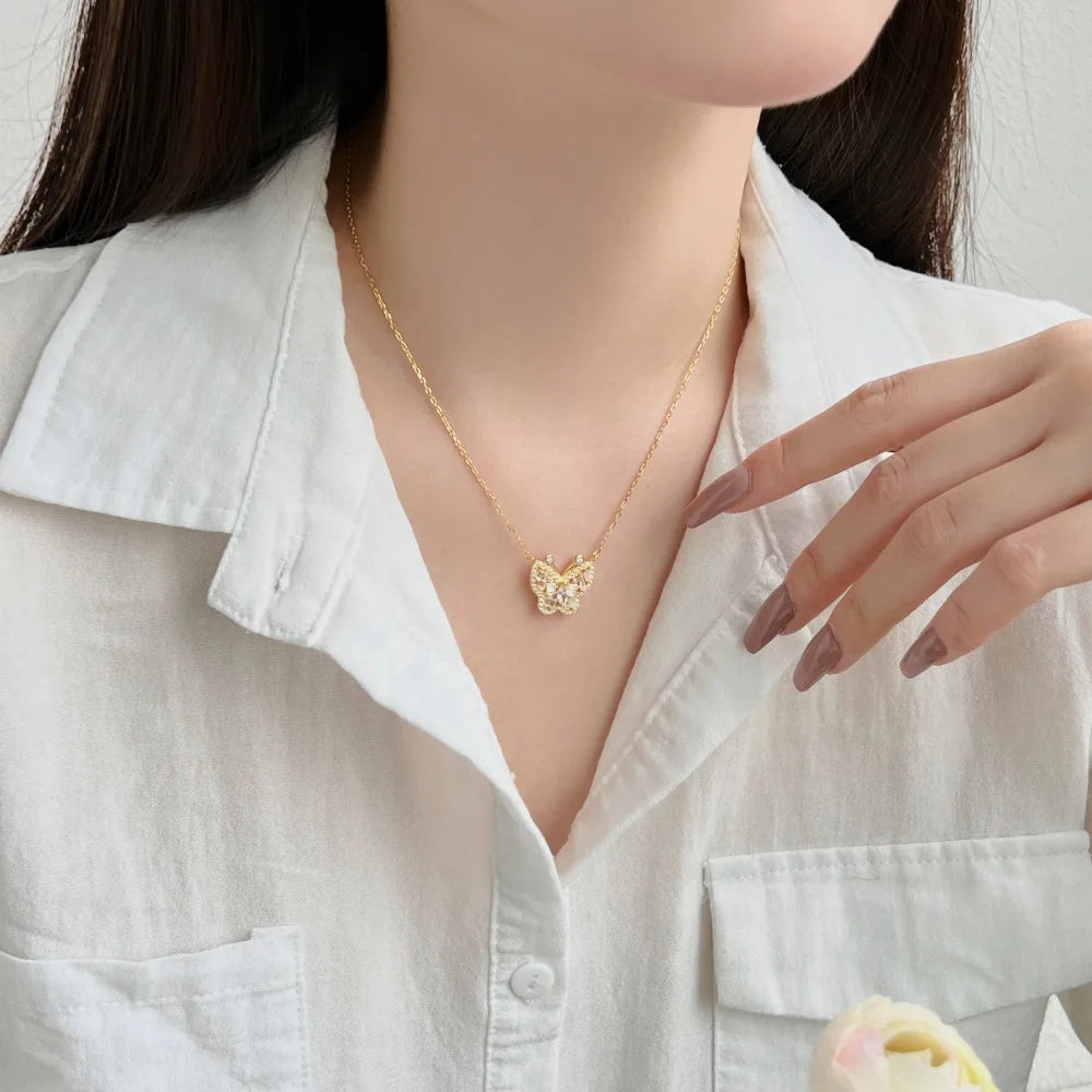 Silver Zircon Marquise Cut Iced Butterfly Pendant Necklace