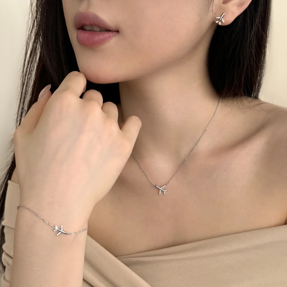 Silver Zircon Round Cut Inlaid Plane Ear Studs