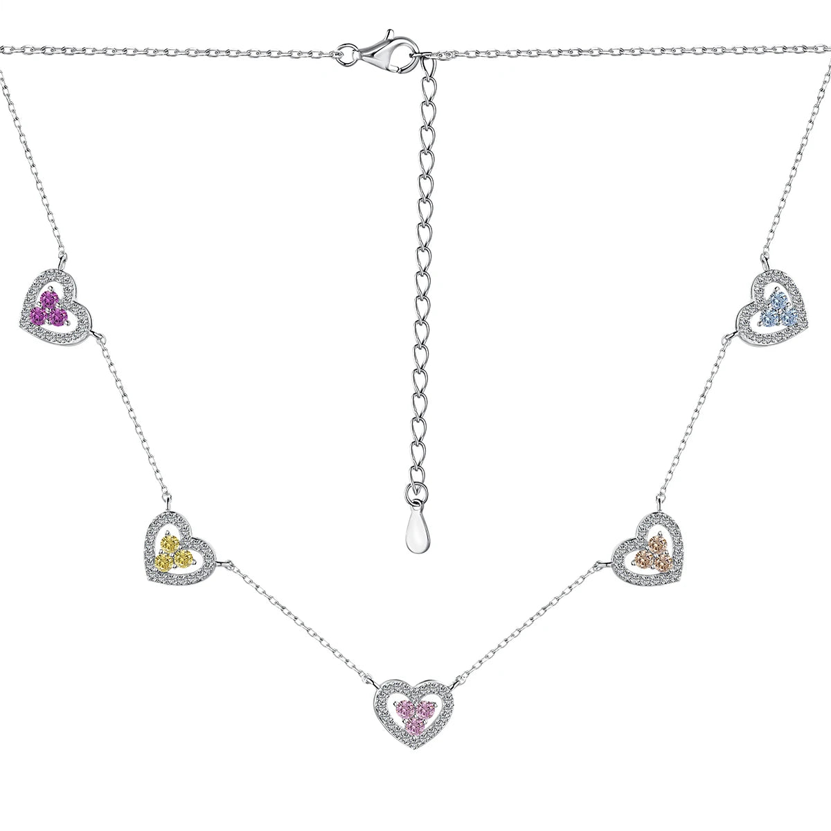 Silver Zircon Round Cut Heart Chain Necklace