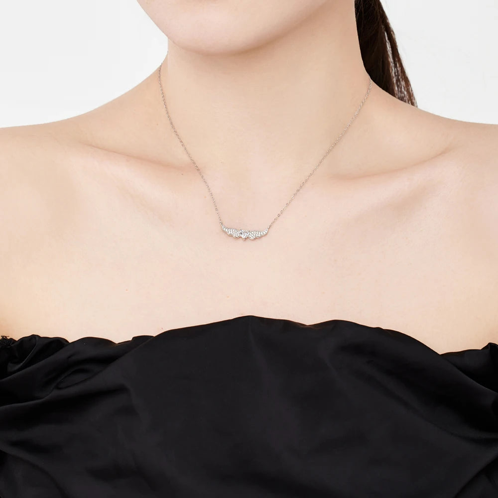 Silver Zircon Heart Cut Wings Bar Necklace