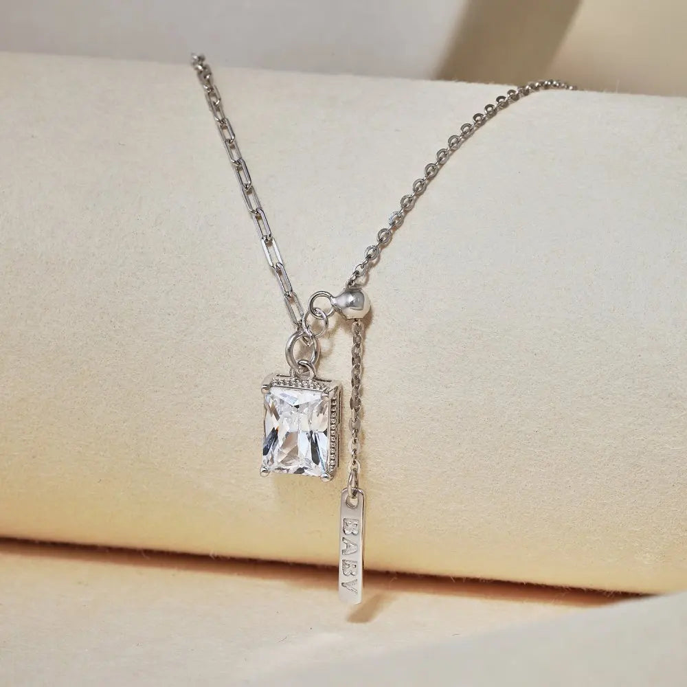 Silver Zircon Radiant Cut Duel Link Pendant Necklace