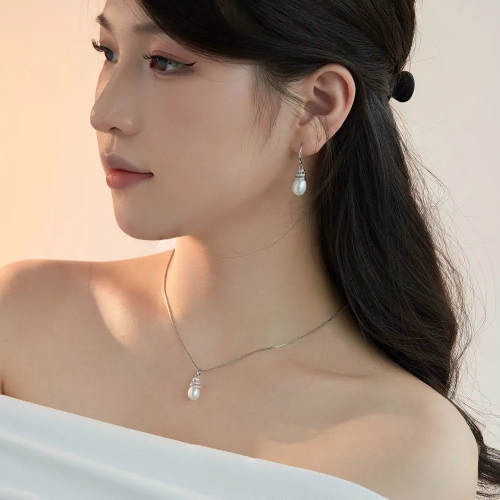 Silver Pearl Iced Hook Drop Earrings