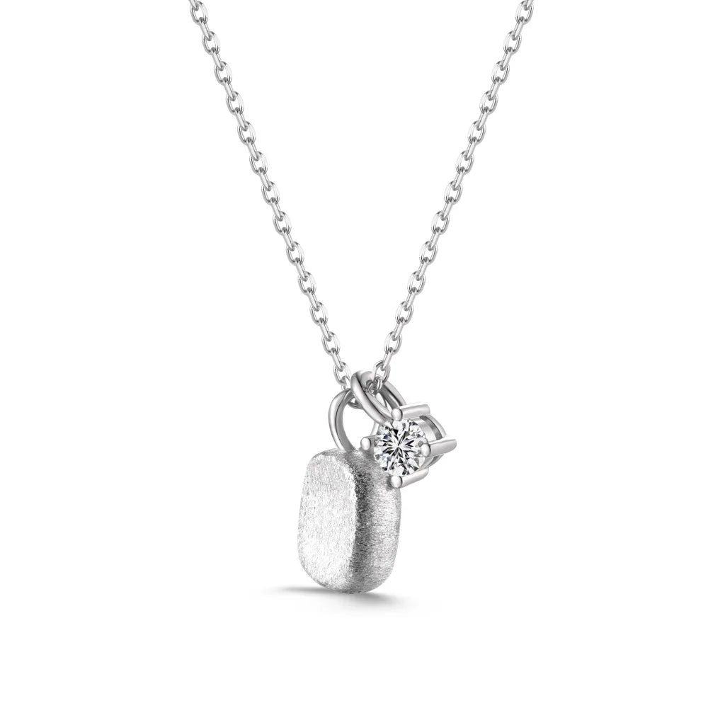 Silver Zircon Round Cut Block Pendant Necklace
