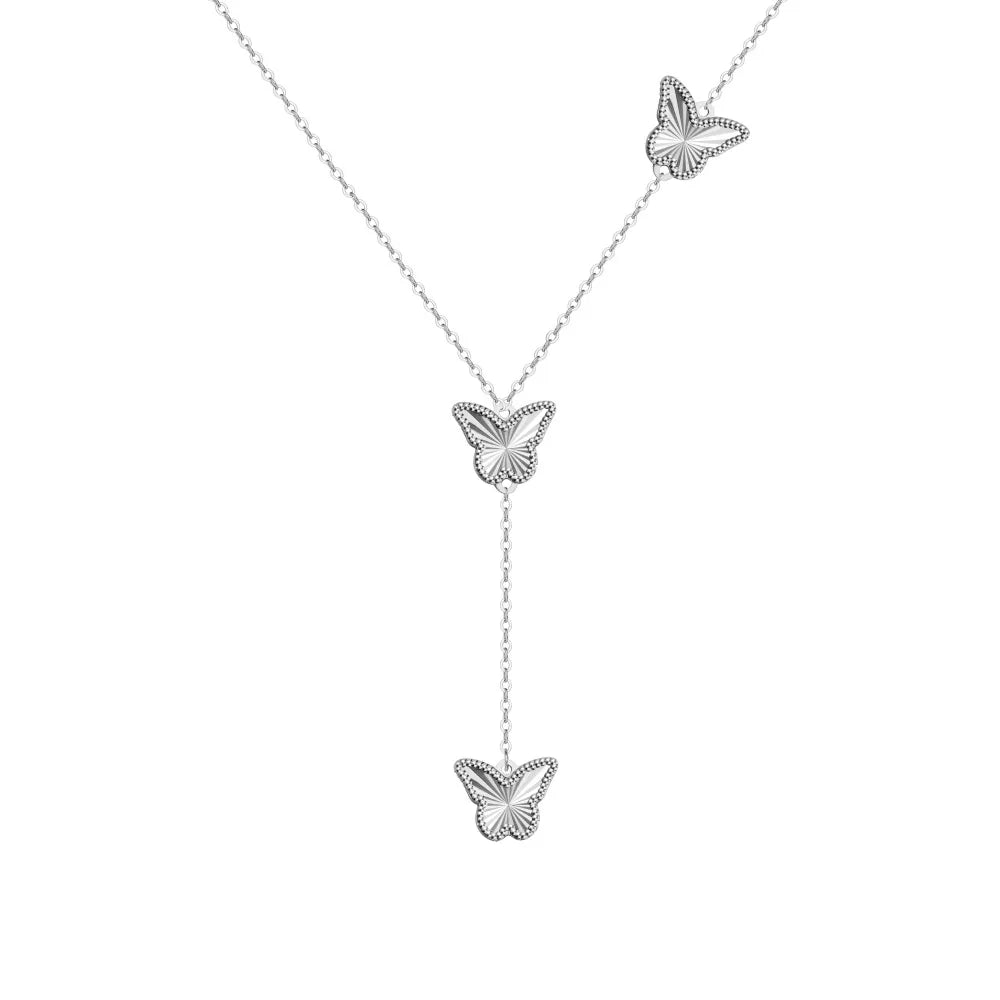 Silver Brushed Stacked Butterfly Chain Necklace