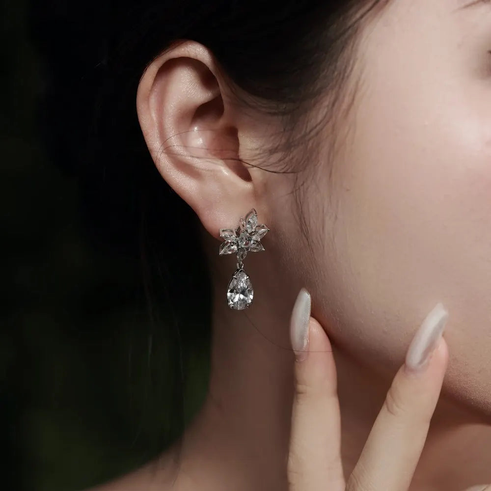 Silver Zircon Pear Cut Flower Drop Earrings