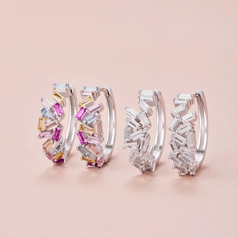 Silver Zircon Baguette Cut Irregular Ear Hoops