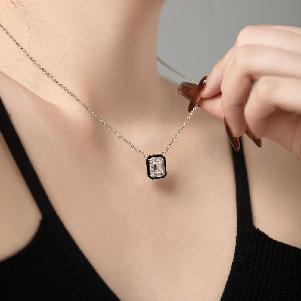 Silver Zircon Emerald Cut Frame Pendant Necklace