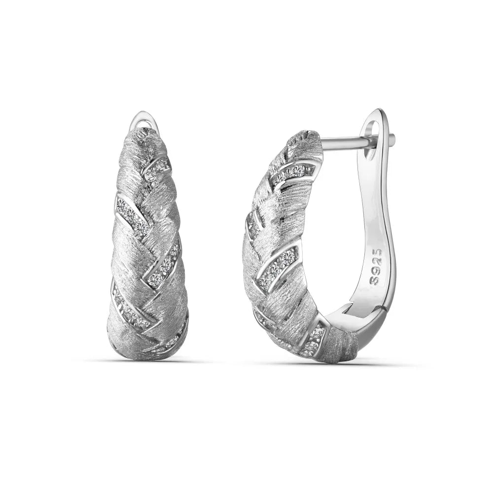 Silver Zircon Round Cut Wheat Ear Hoops