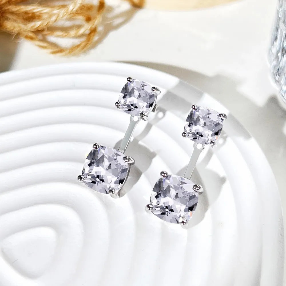 Silver Zircon Cushion Square Cut Stacked Ear Studs