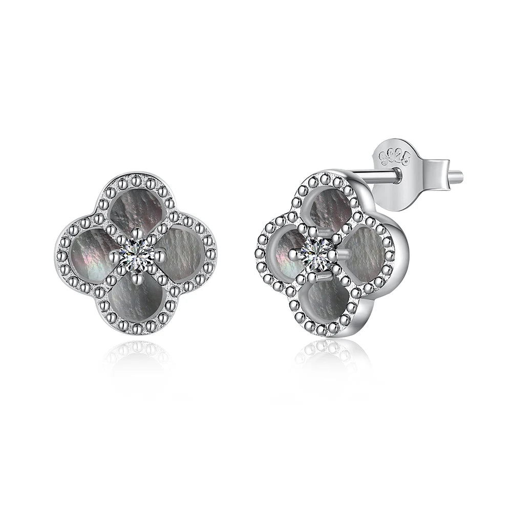 Silver Zircon Round Cut Clover Ear Studs