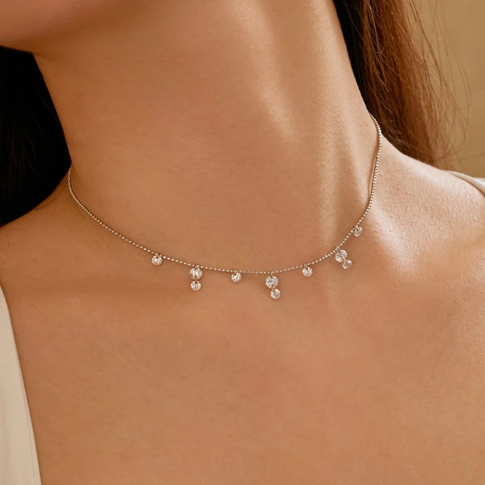 Silver Zircon Round Cut Stacked Tassel Chain Necklace