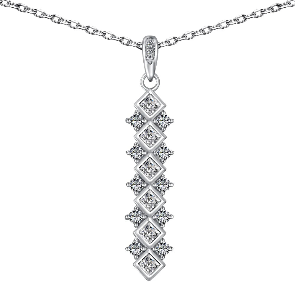 Silver Zircon Princess Cut Irregular Line Bar Necklace