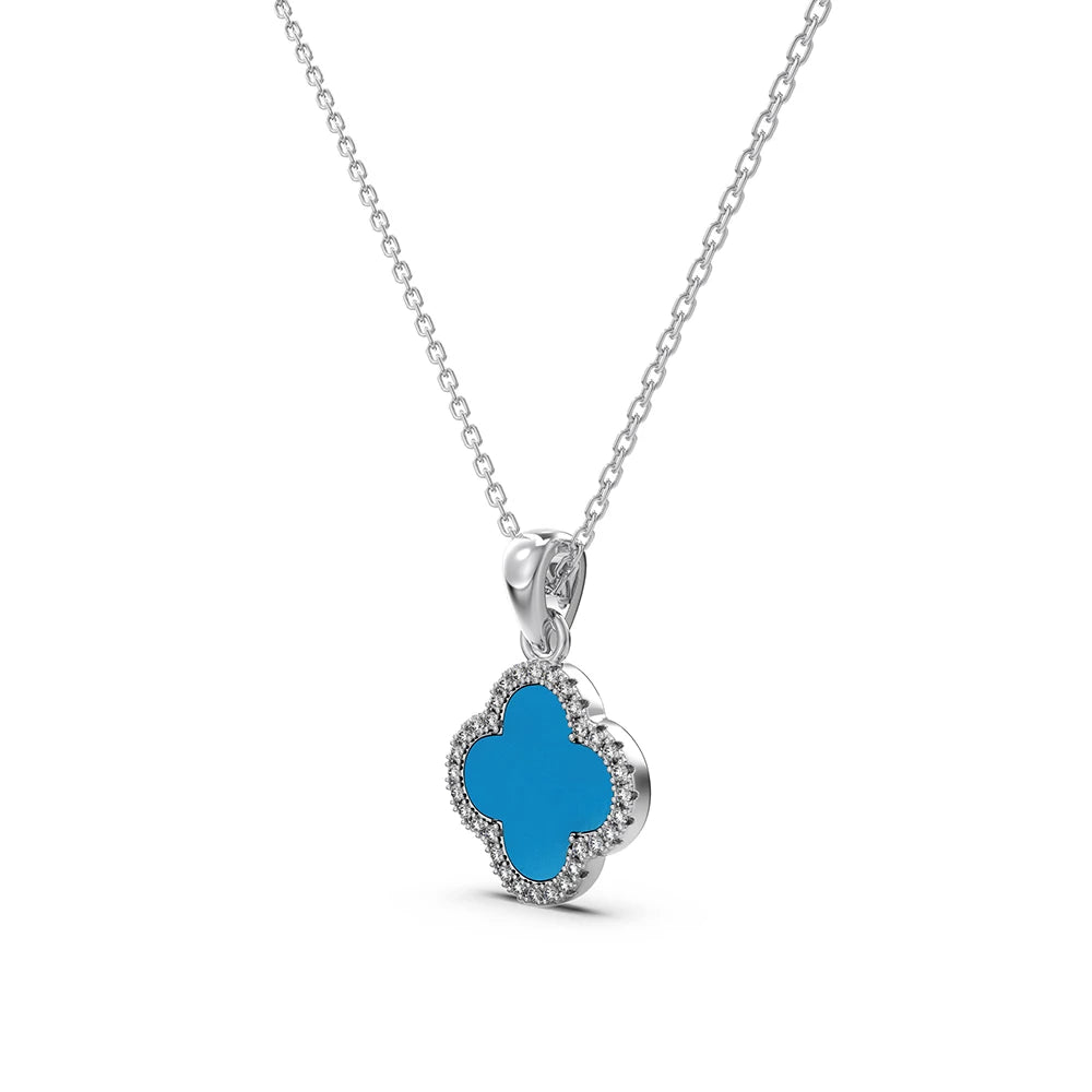 Silver Zircon Round Cut Inlaid Clover Pendant Necklace