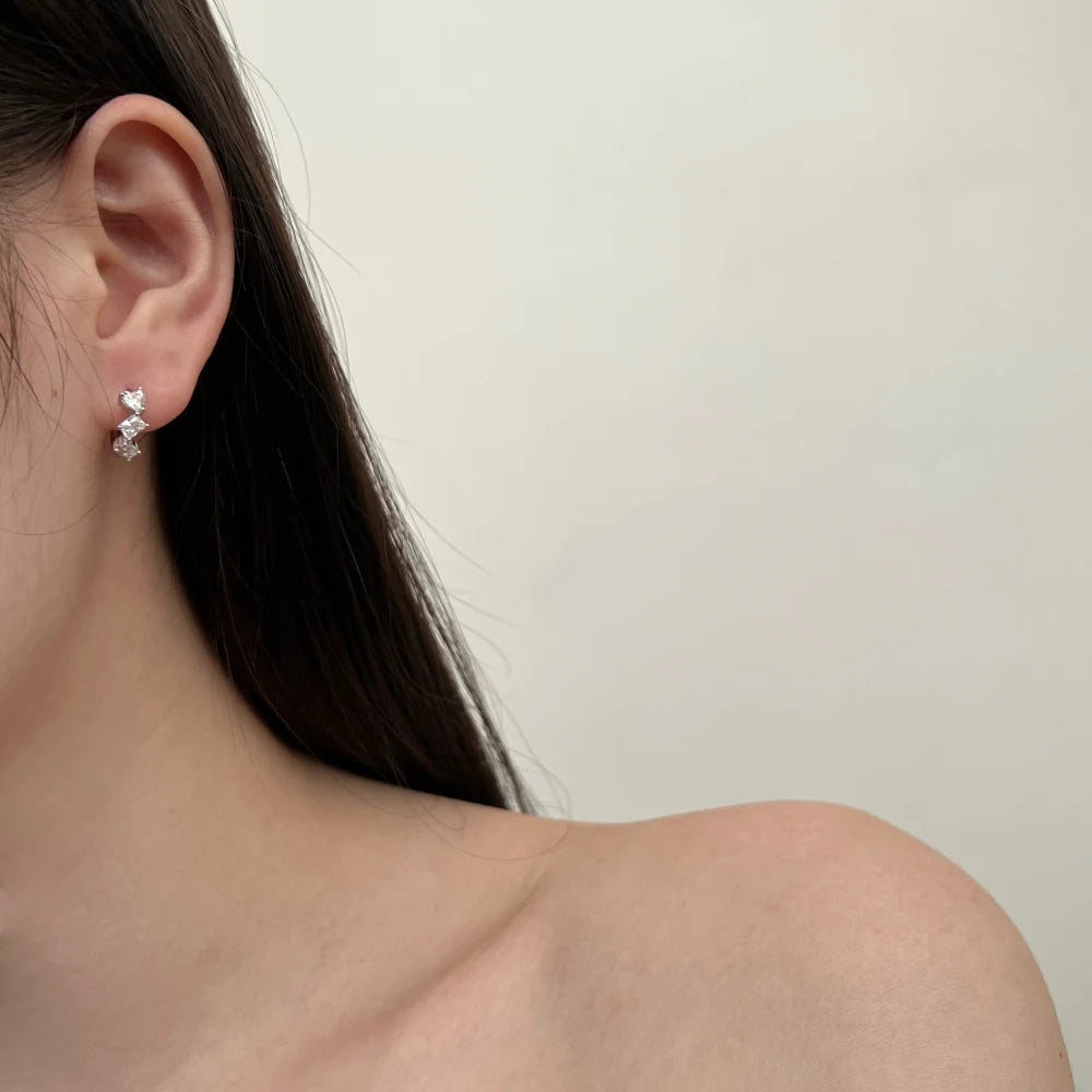 Silver Zircon Baguette Cut Inlaid Multi Shape Huggie Earrings