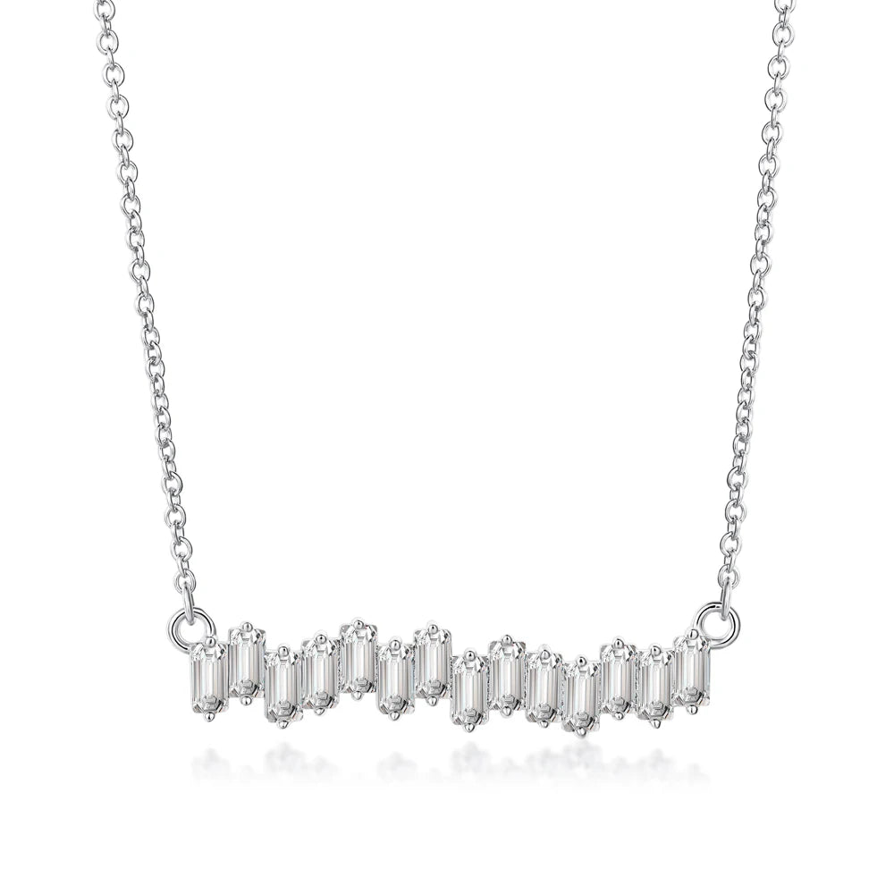 Silver Zircon Baguette Cut Irregular Bar Necklace