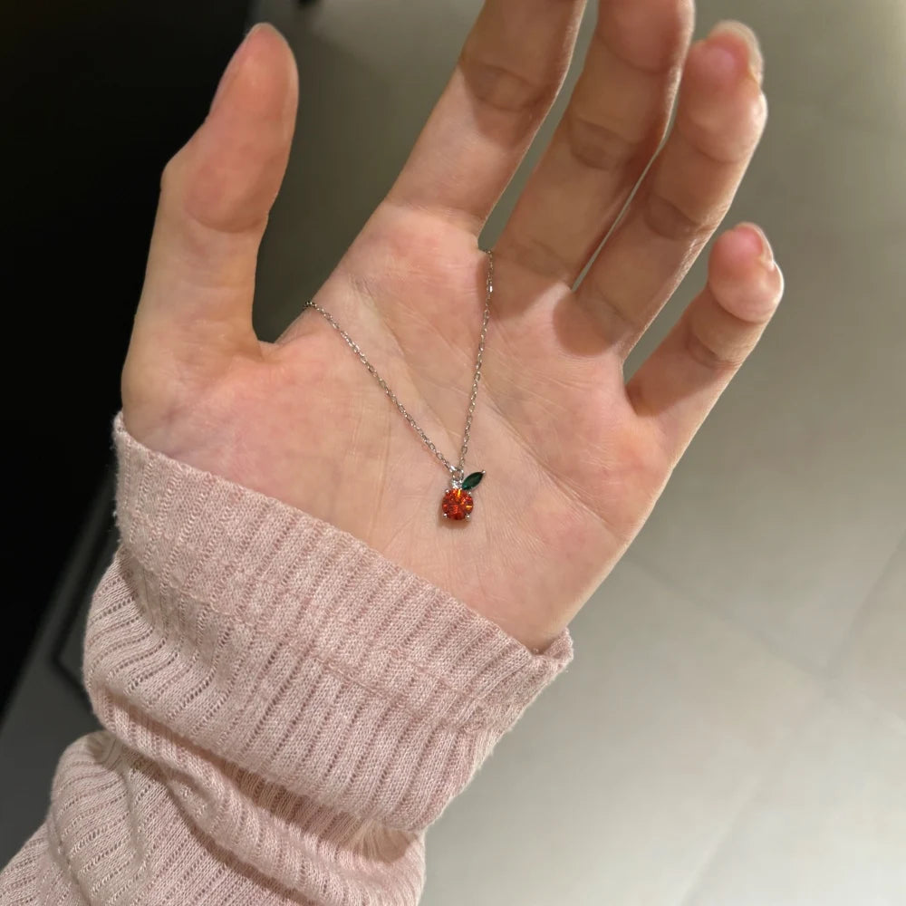 Silver Zircon Round Cut Apple Pendant Necklace