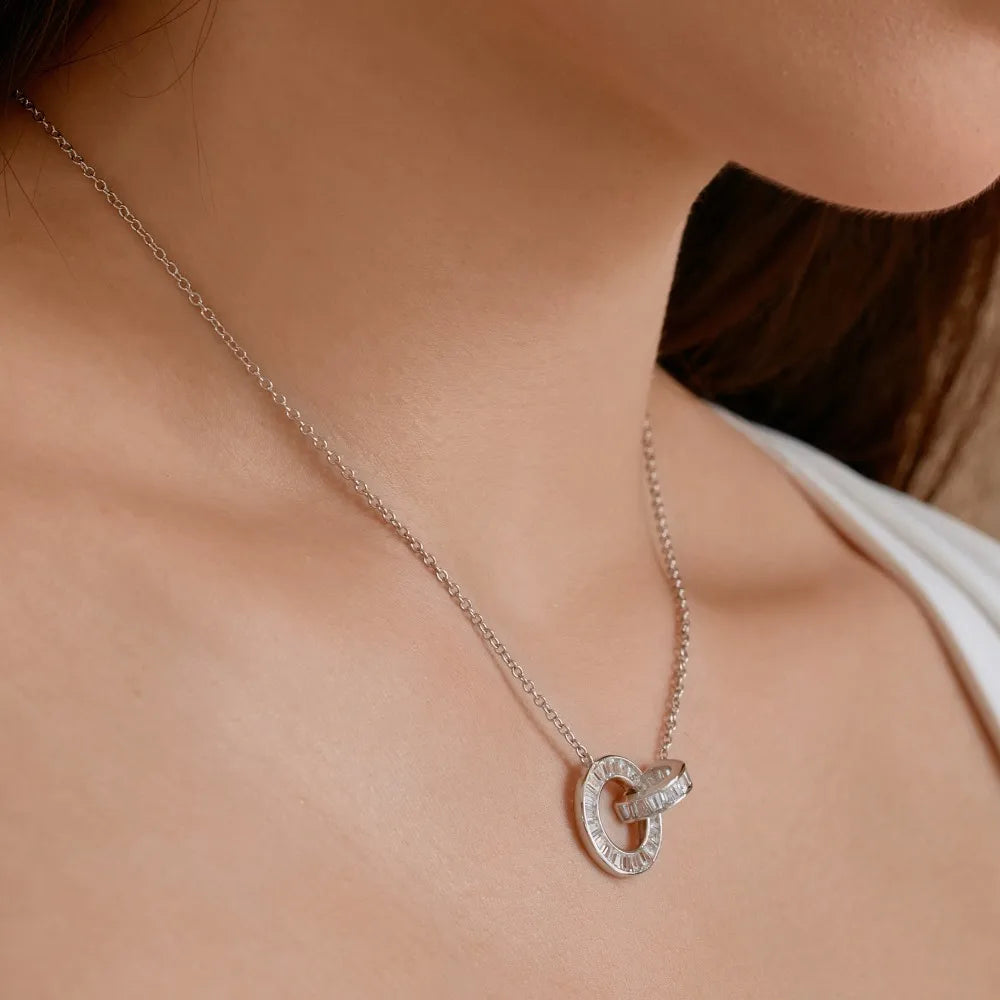 Silver Zircon Tapered Baguette Cut Interlocking Ring Pendant Necklace