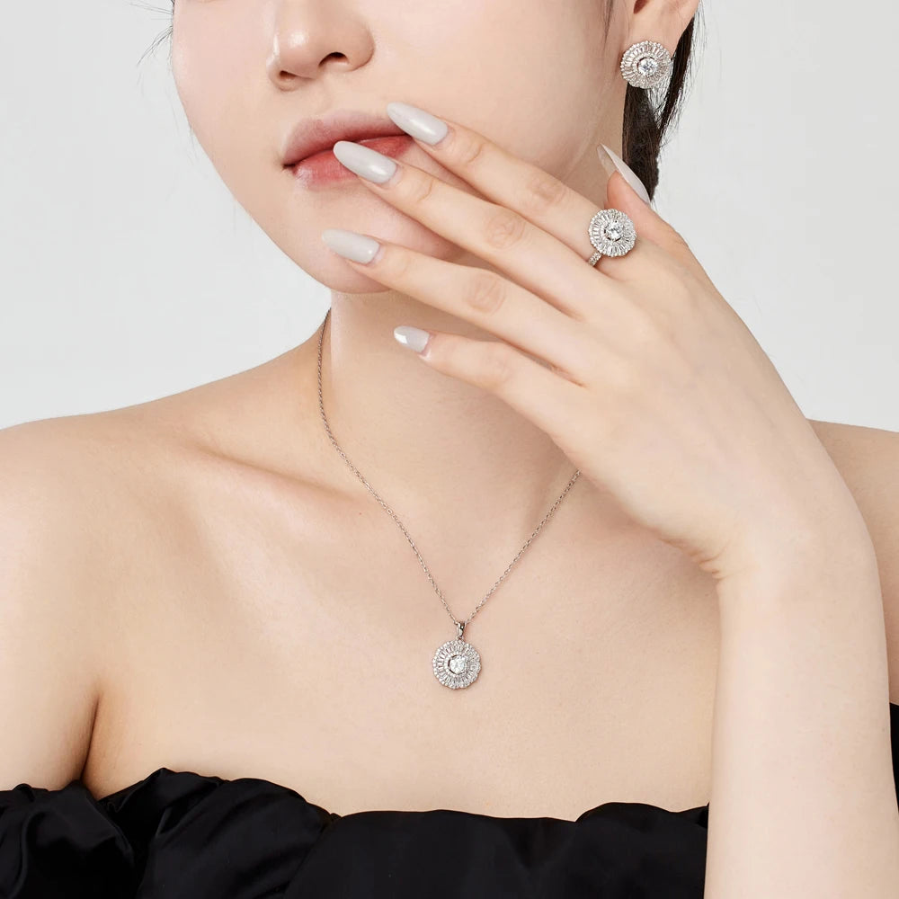 Silver Zircon Tapered Baguette Cut Halo Flower Pendant Necklace