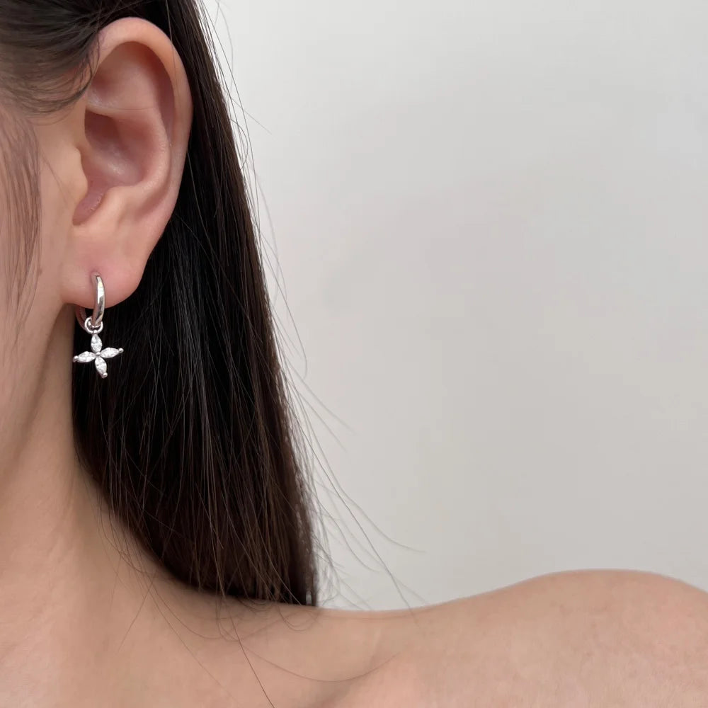 Silver Zircon Marquise Cut Flower Huggie Earrings