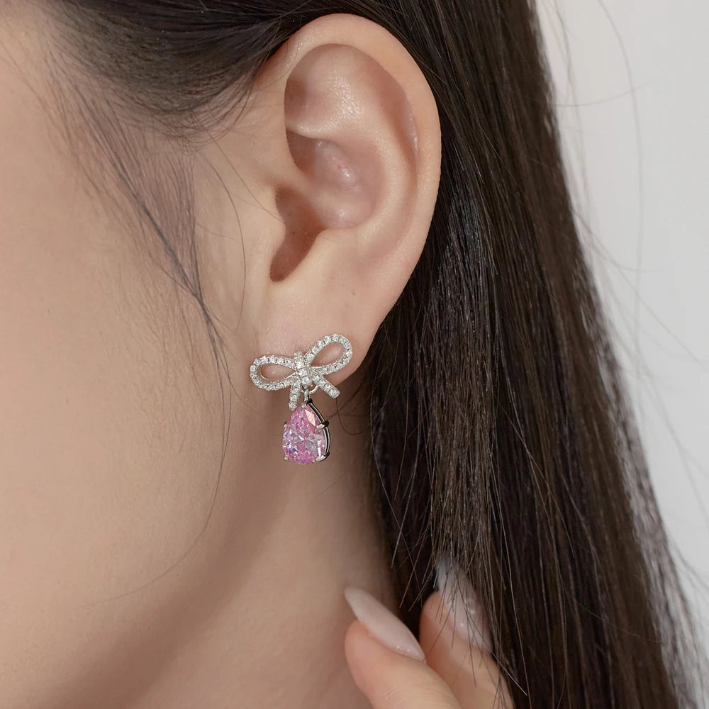 Silver Zircon Pear Cut Bow Drop Earrings