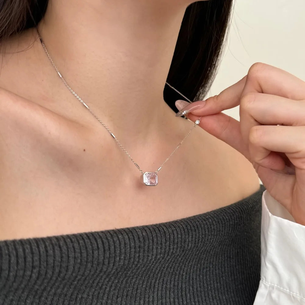 Silver Zircon Radiant Cut Brushed Single Pendant Necklace
