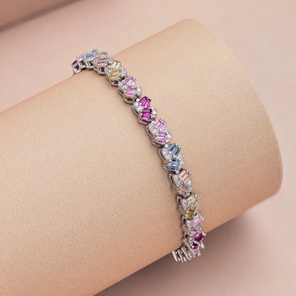 Silver Zircon Tapered Baguette Cut Twisted Multi Shape Tennis Bracelet