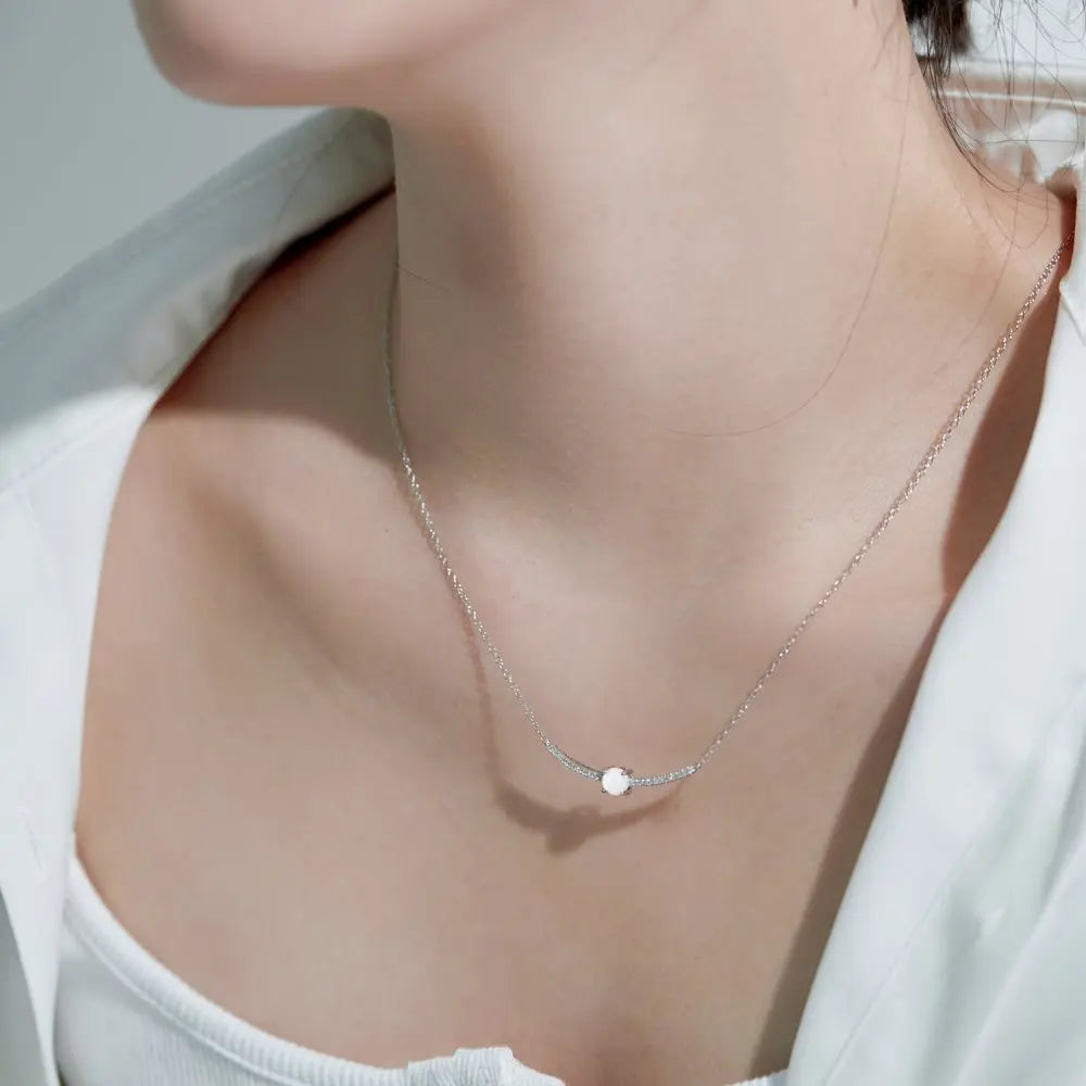 Silver Opal Round Cut Single Bar Necklace