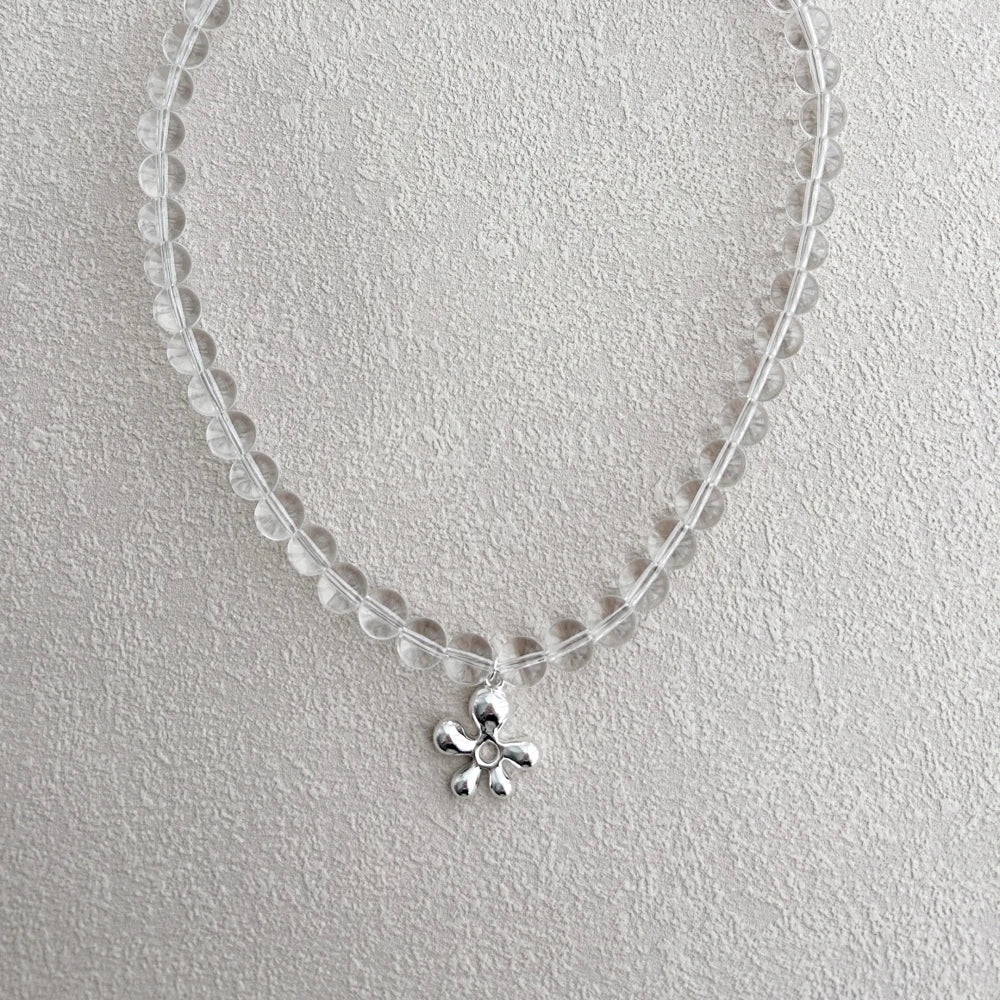 Silver Crystal Round Cut Flower Beaded Necklace