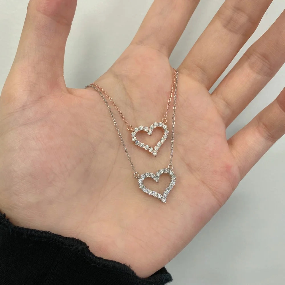 Silver Zircon Round Cut Big Inlaid Halo Heart Pendant Necklace