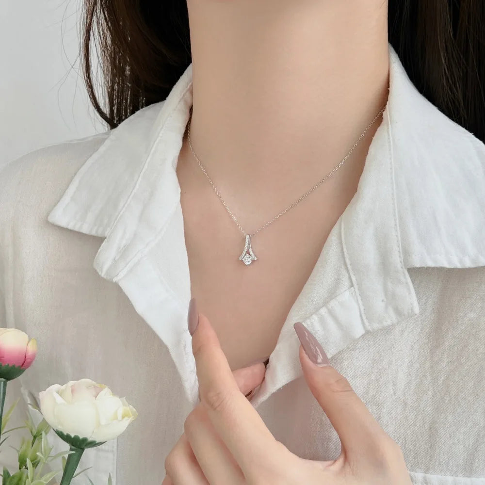 Silver Zircon Round Cut Looped Ribbon Pendant Necklace