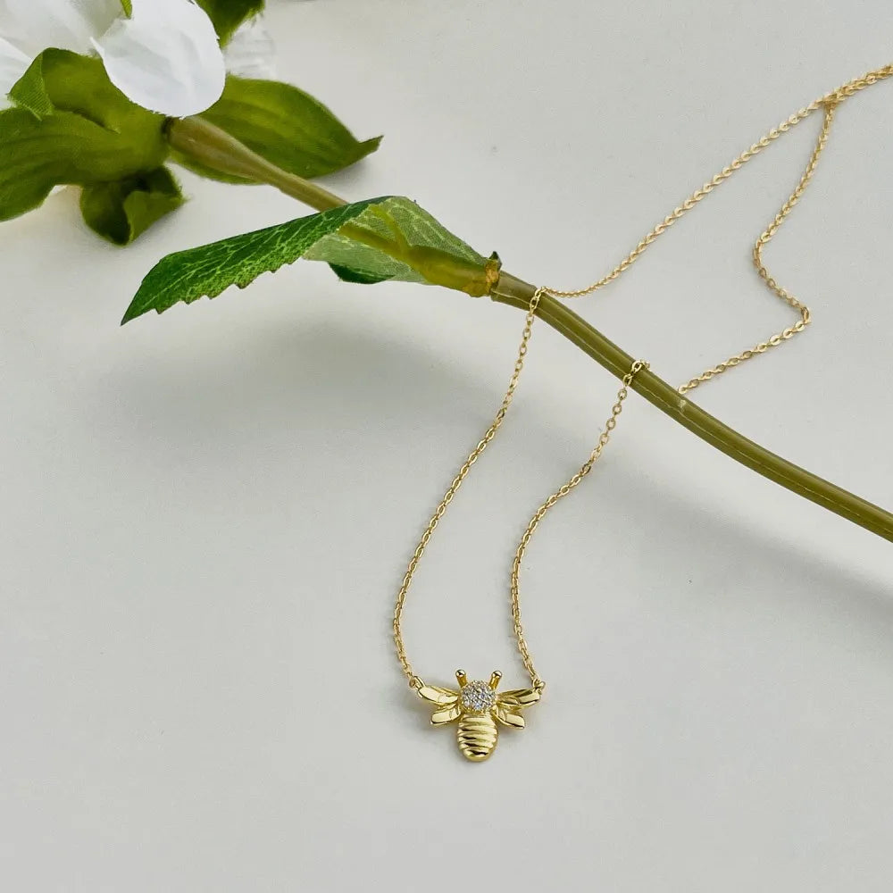 Silver Zircon Round Cut Bee Pendant Necklace