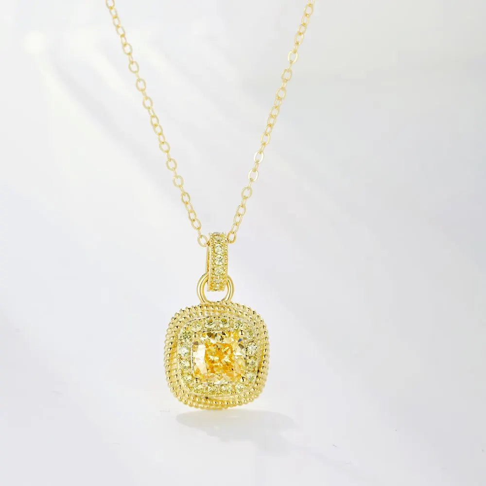 Silver Zircon Cushion Square Cut Halo Pendant Necklace