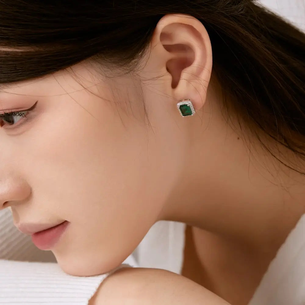 Silver Zircon Emerald Cut Sided Ear Studs